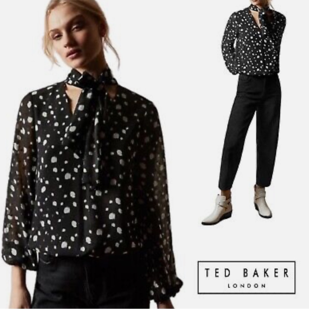 Ted Baker Therra Polka Dot Tie Neck Blouse Top